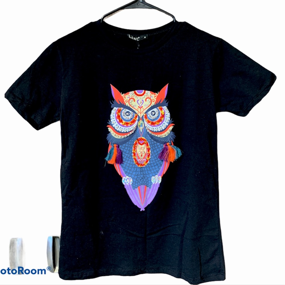 Owl Decor Black Short Sleeve T-Shirt Size S Mint